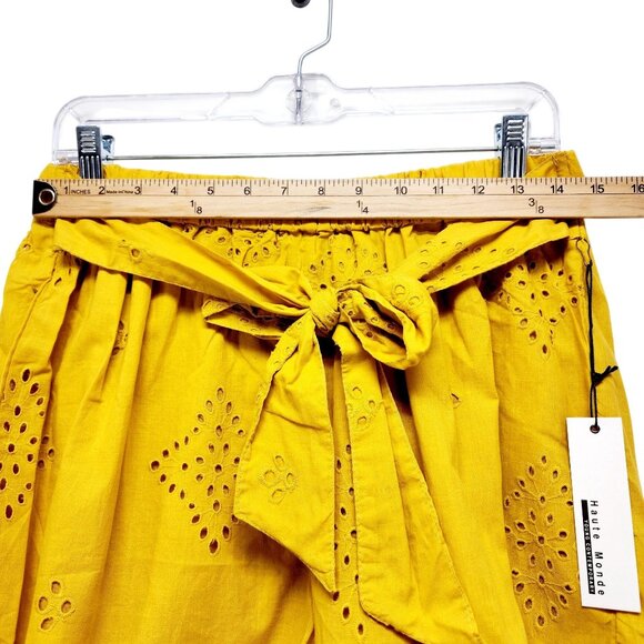 Yellow Eyelet Cotton High-Waisted Shorts With Tie Belt Size L Haute Mode - Picture 6 of 6